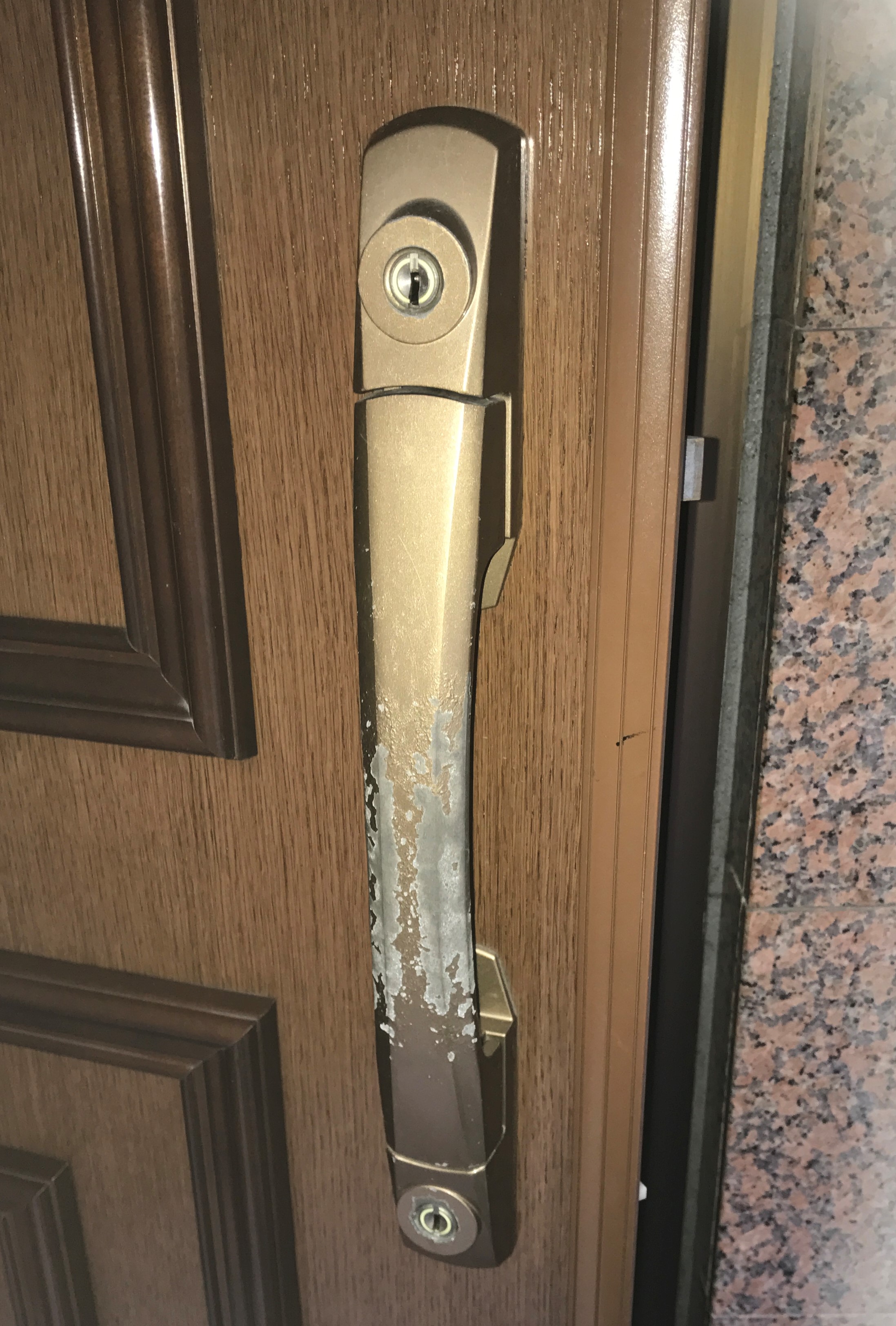 玄関ドアのプッシュプルタイプのドアノブのウレタン吹き付け 部屋の傷補修とリペア専門 ジェネシス 玄関ドアのプッシュプルタイプのドアノブのウレタン吹き付け 部屋の傷補修とリペア専門 ジェネシス